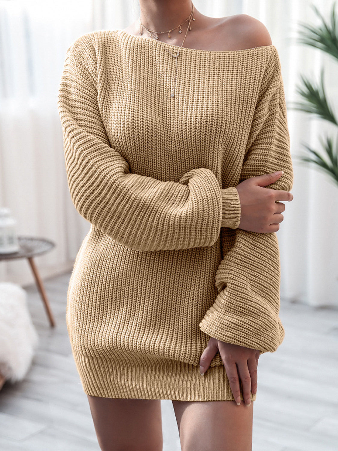 Rib-knit mini sweater dress, light khaki, off-shoulder neckline, long fitted sleeves.