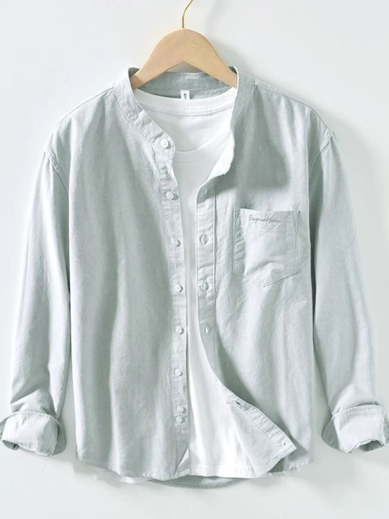 Men's button-up long-sleeve shirt, white, button front and chest pocket