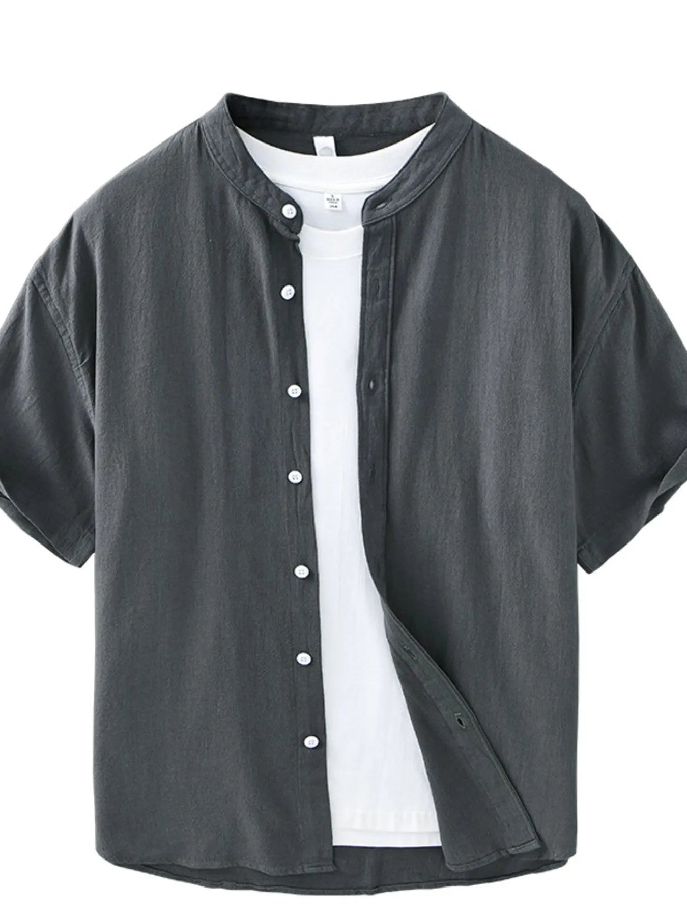 Dark gray plus size button-up short sleeve shirt with curved hem and buttons