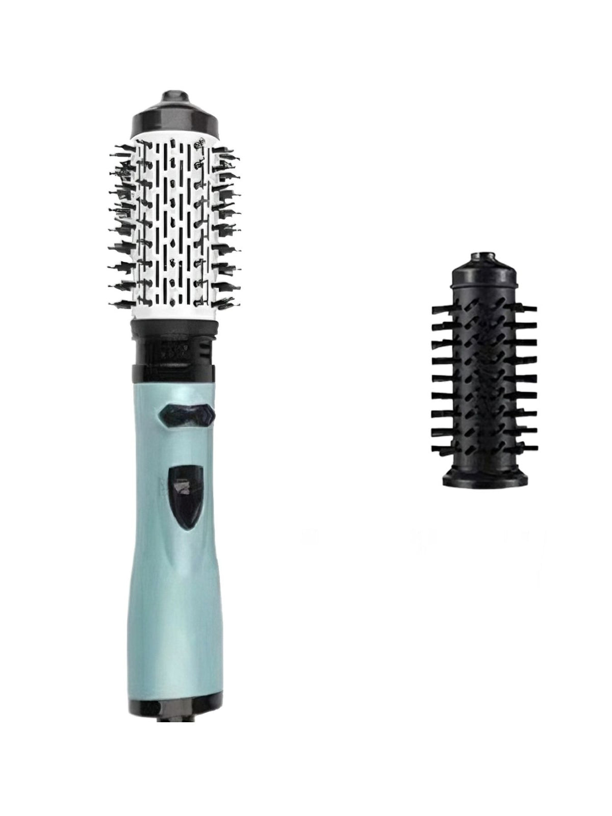 Hot air brush hair dryer styler with round brush head and light blue handle
