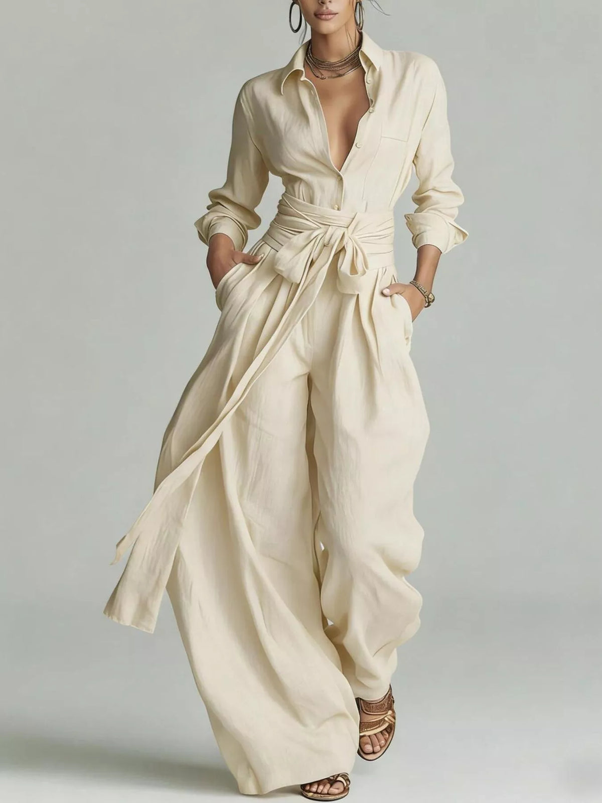 Beige long-sleeve button-down jumpsuit with waist tie and wide-leg silhouette
