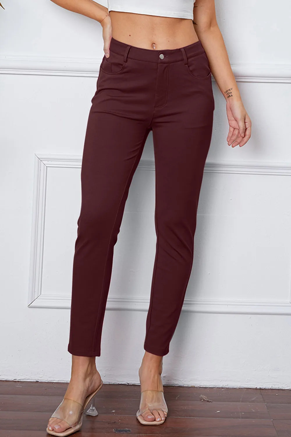 StretchyStitch pants, burgundy, button closure, belt loops, slim ankle fit