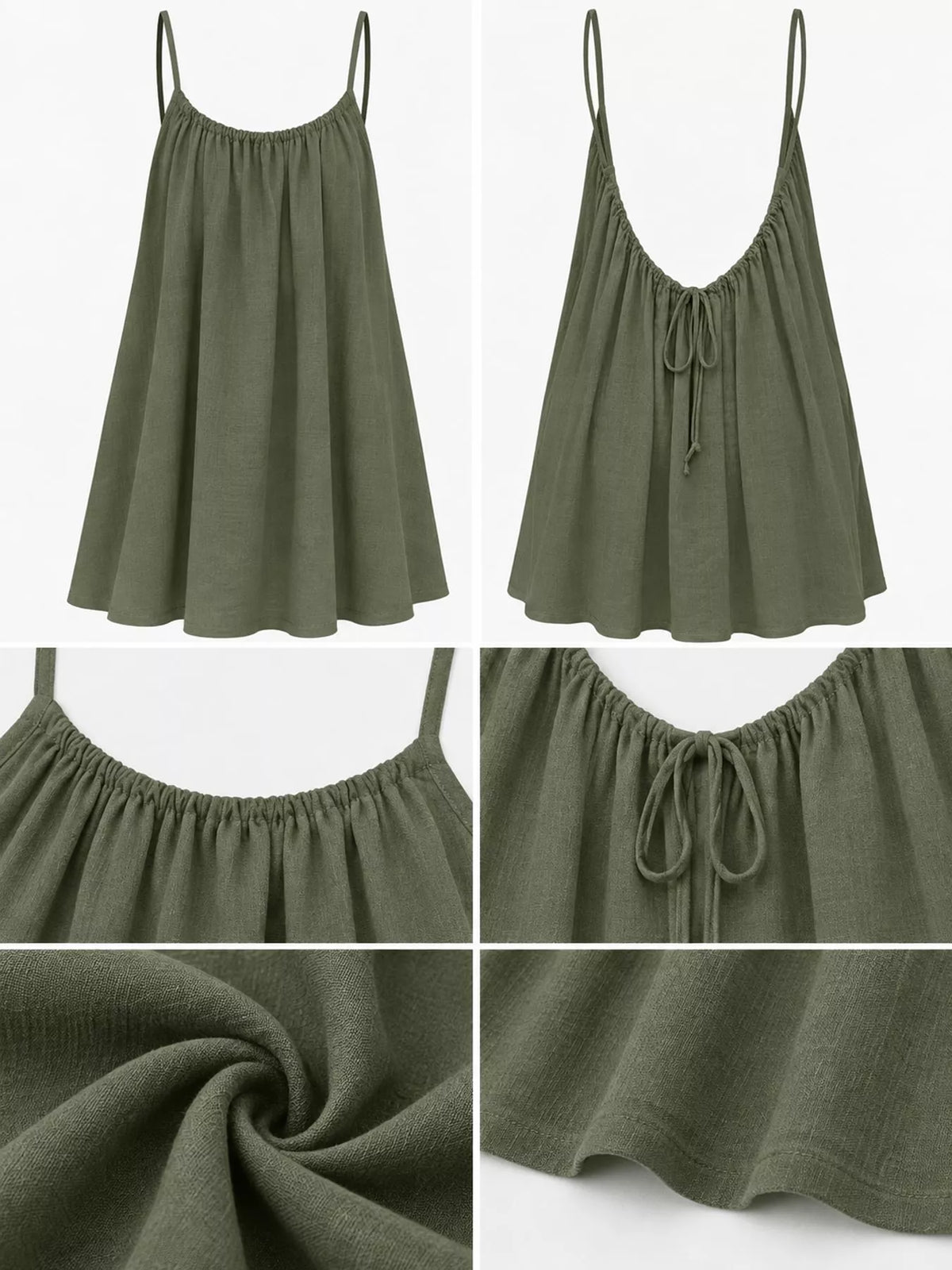 Olive green backless mini dress with tie-back detail, ruched waist and textured fabric