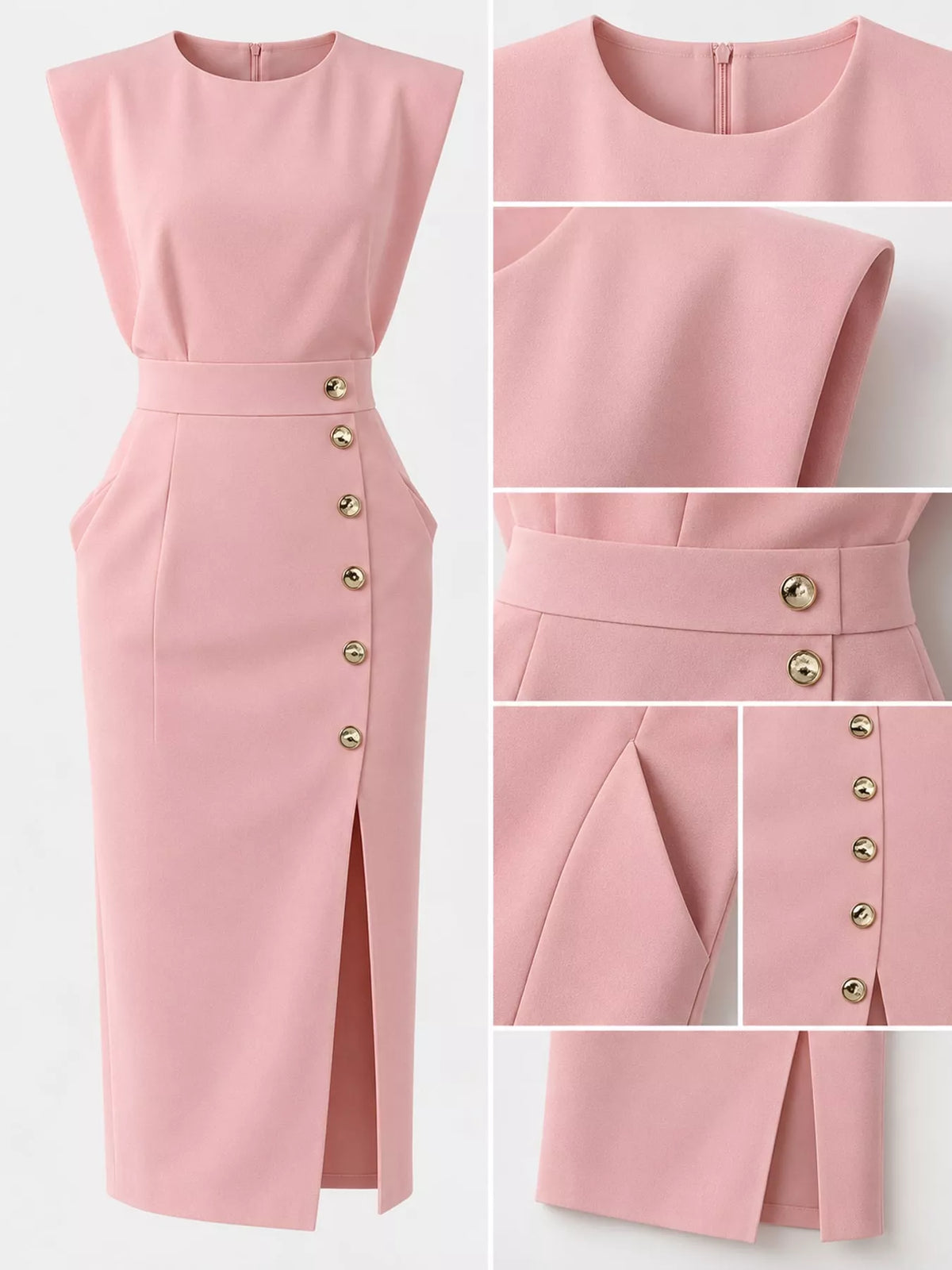 Pink sleeveless midi dress detail: gold buttons, waist seam, side slit