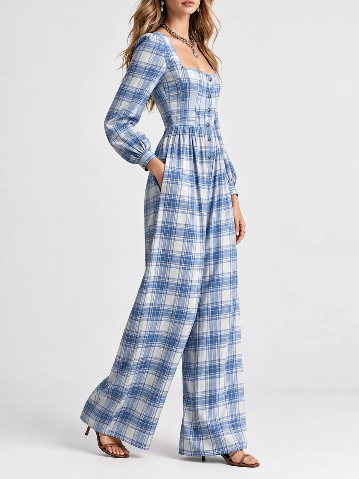 Plaid square-neck long-sleeve jumpsuit with cinched waist and wide legs, light blue