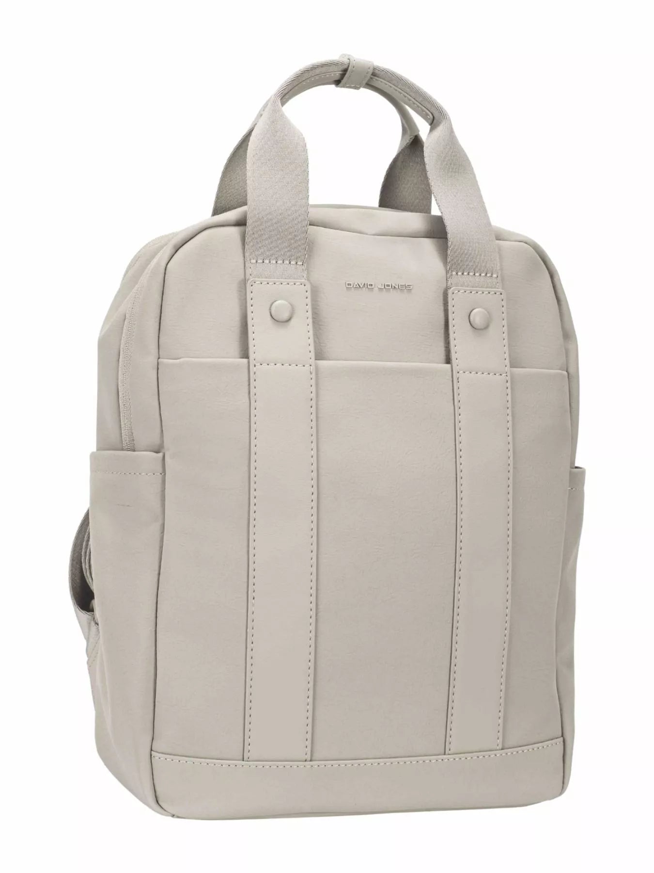 Canvas backpack bag with dual handles, light cream color and front zip pocket