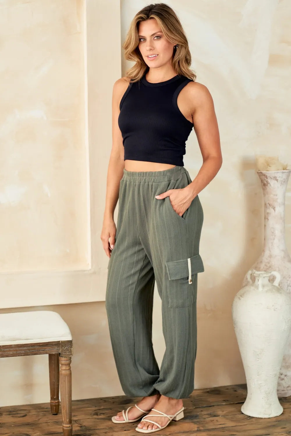 Olive textured rib cargo pants, high-rise elastic waist and large side cargo pocket