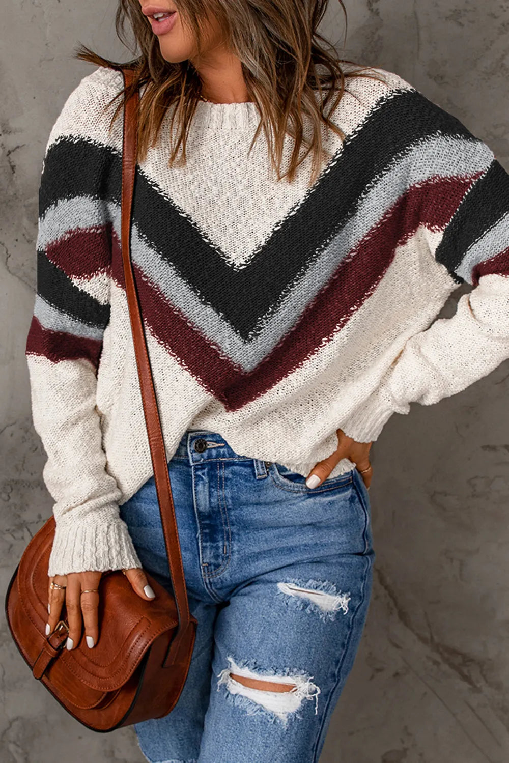 Contrast chevron knit sweater with dropped shoulders, cream, black and burgundy stripes