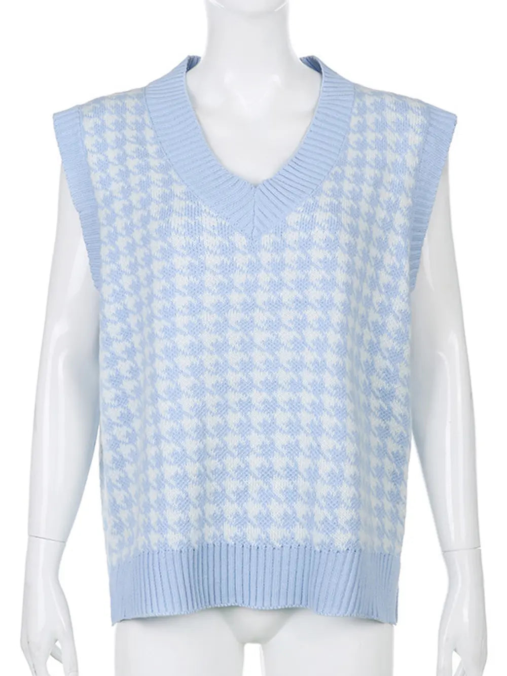 Light-blue houndstooth V-neck sweater vest with ribbed hem