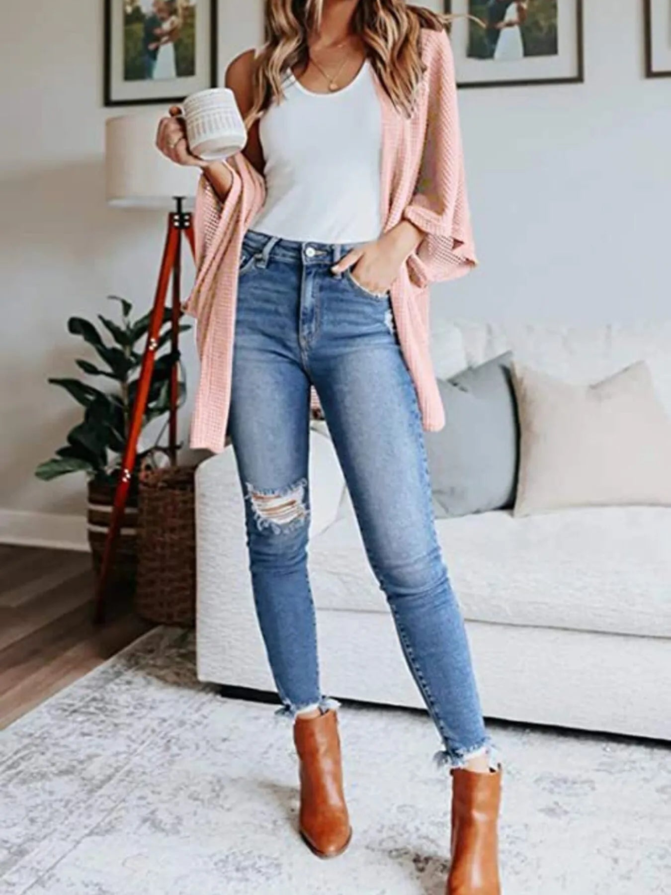 Plus size waffle knit open-front cardigan, light pink, open drape over a crew neckline top