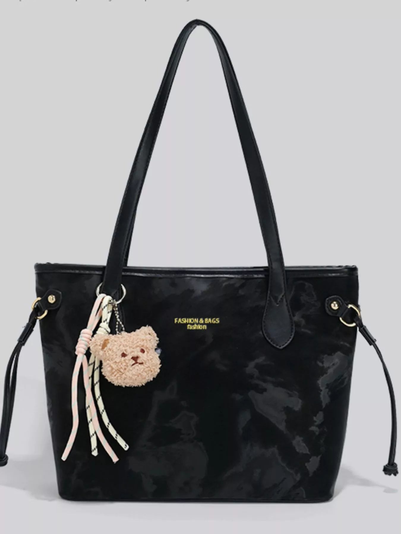 Bear Charm Shoulder Bag by Trendsi, medium black PU with gold hardware and teddy bear charm