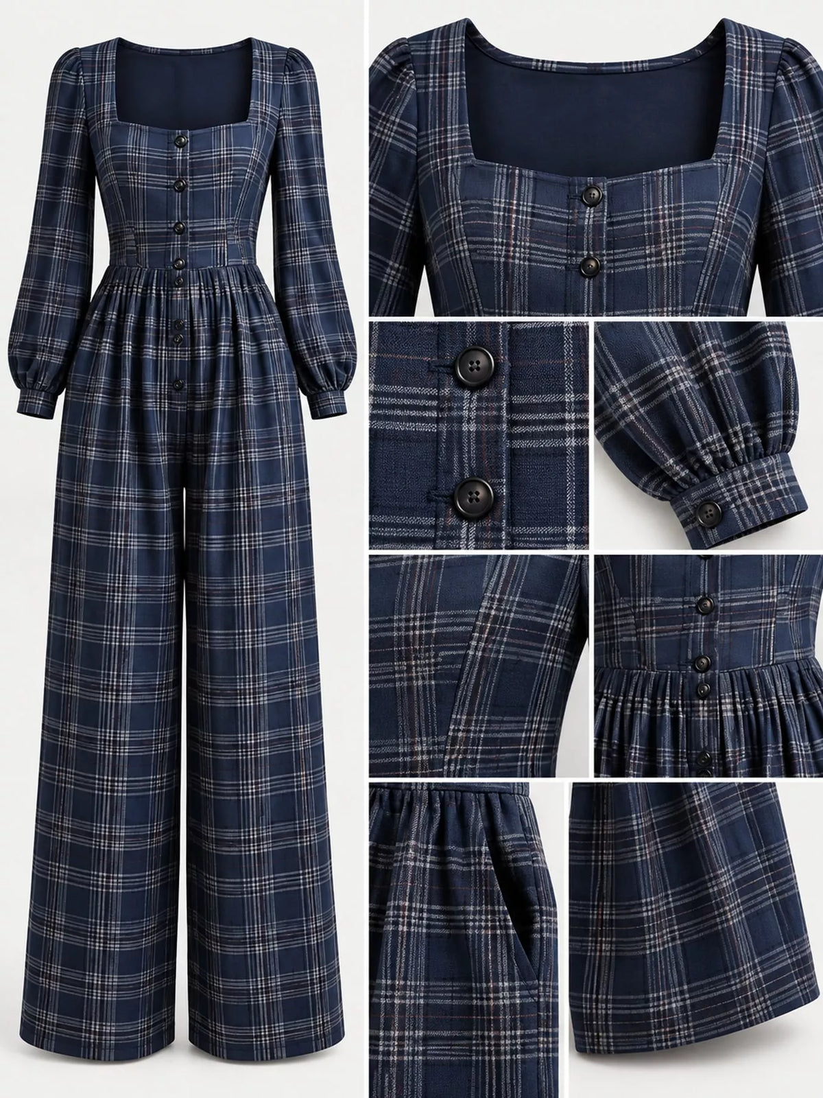 Navy plaid jumpsuit fabric and buttons details: square neckline, puff sleeves