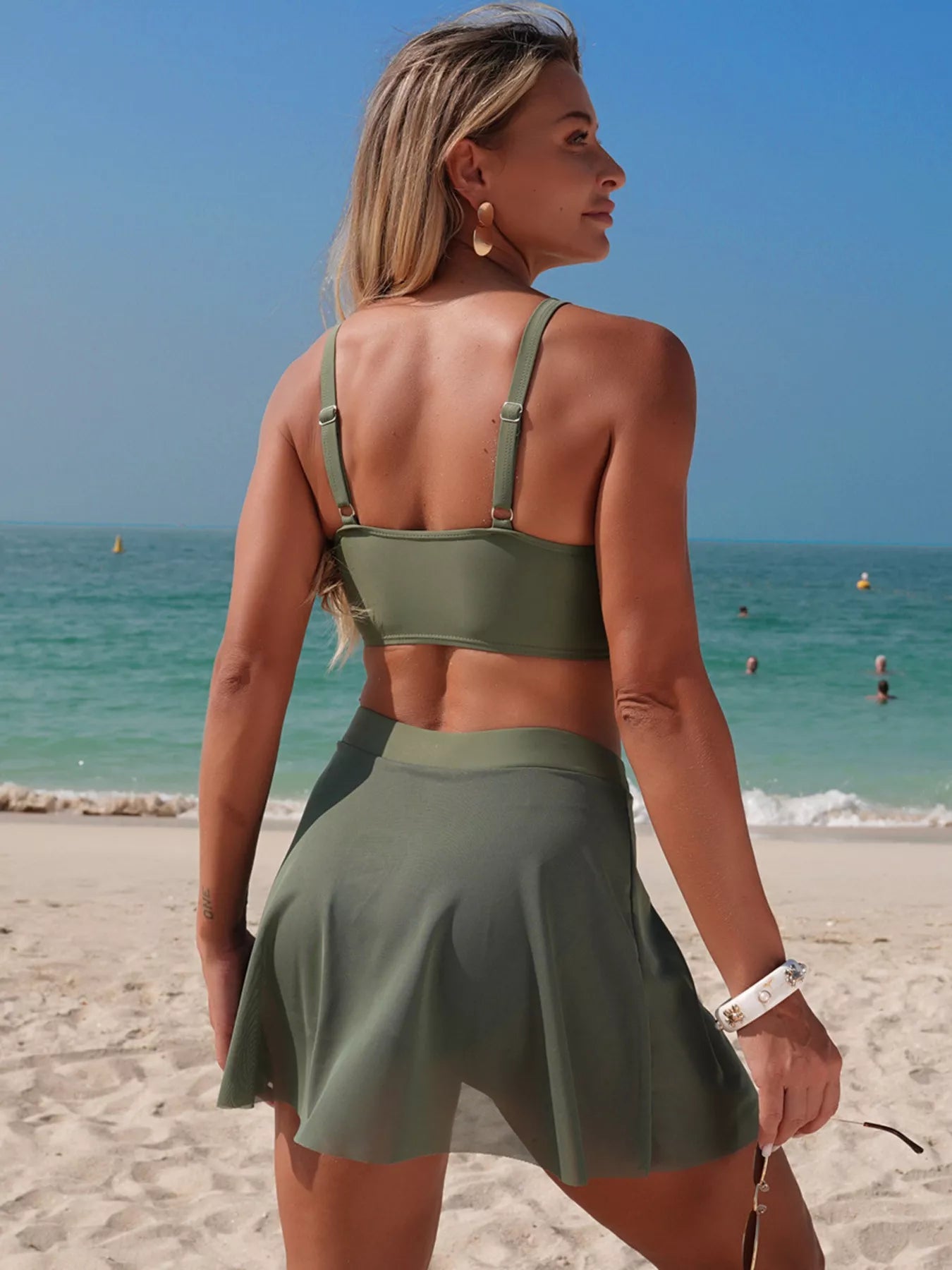 Twist Front Cami and Skort Swim Set in olive green