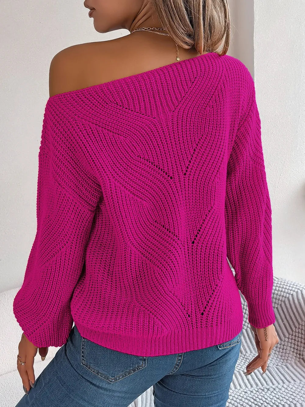 Openwork long-sleeve sweater in cerise, open-knit back with diagonal diamond pattern