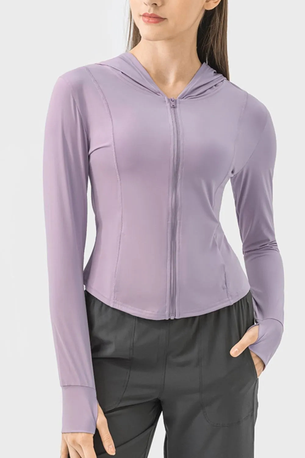 Lavender zip-up hooded long sleeve active jacket with front zipper and kangaroo pocket