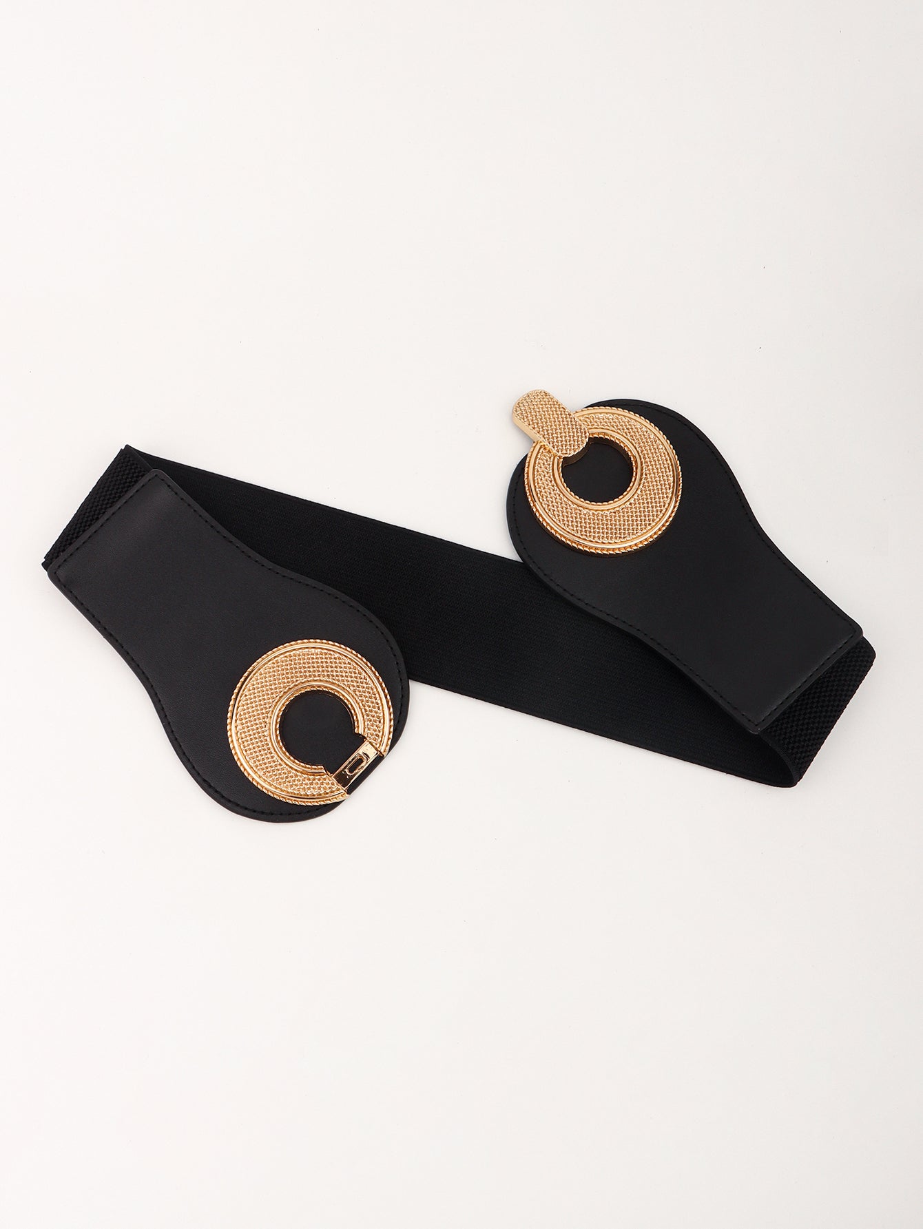 Vegan belt with elastic strap and round alloy buckle, black with gold accents