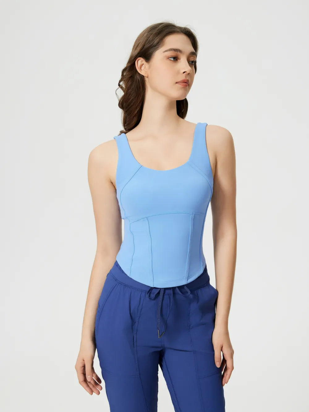 Light blue active tank with wide straps and stitched front bust seam lines
