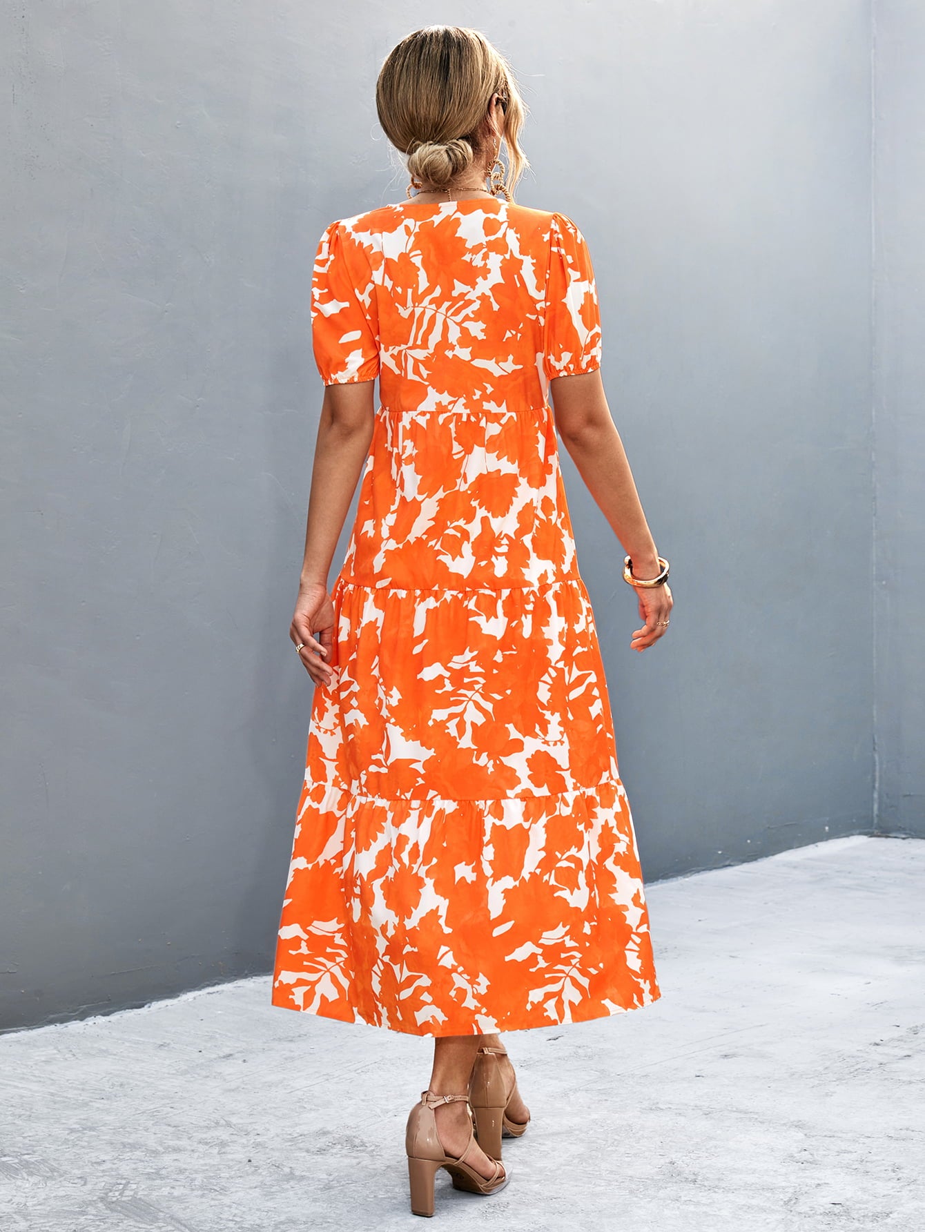 Orange-red V-neck short sleeve midi dress with high slit, button-back and floral print
