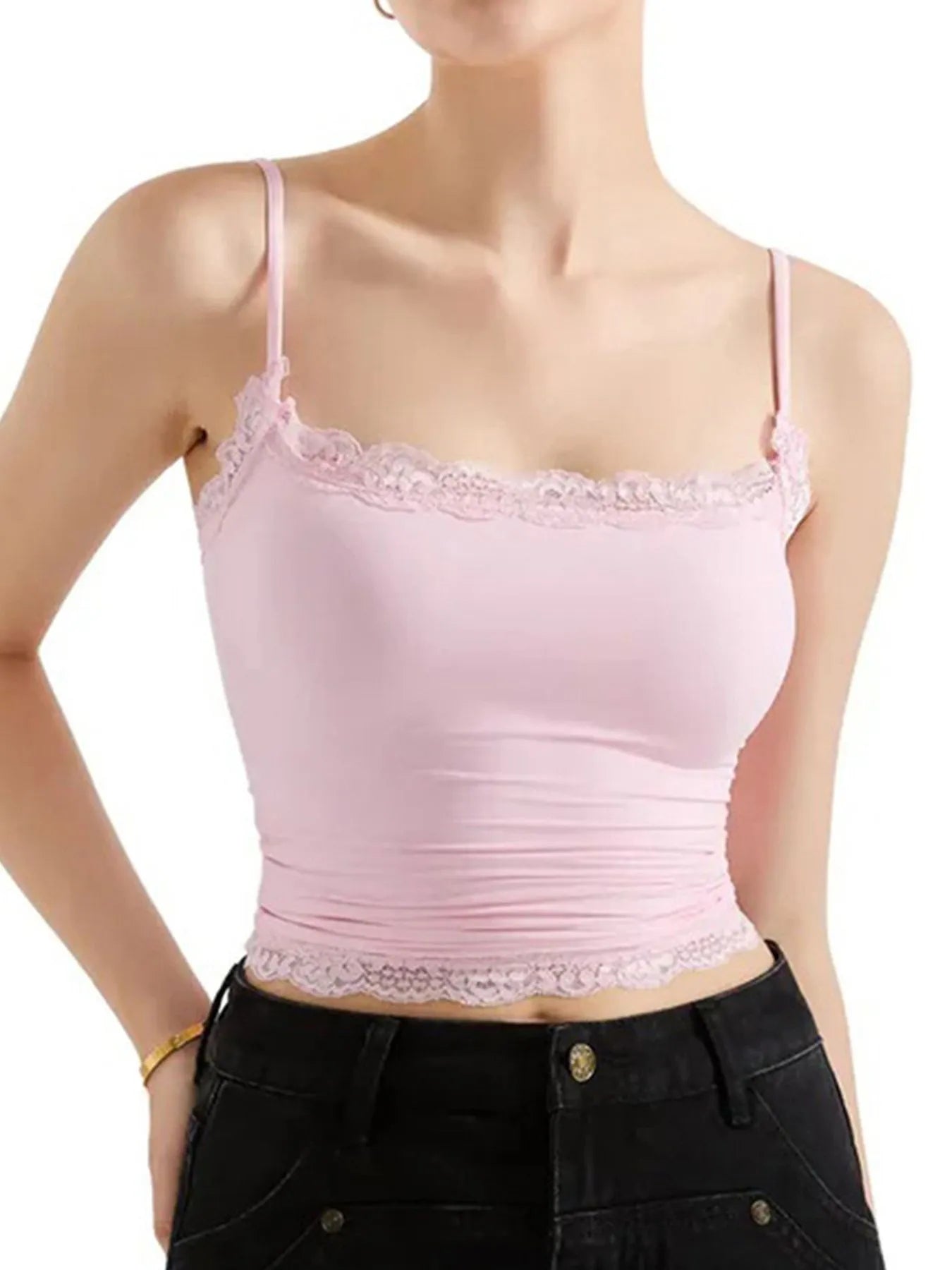 Pink lace-trim cami top with ruched bodice and camisole straps