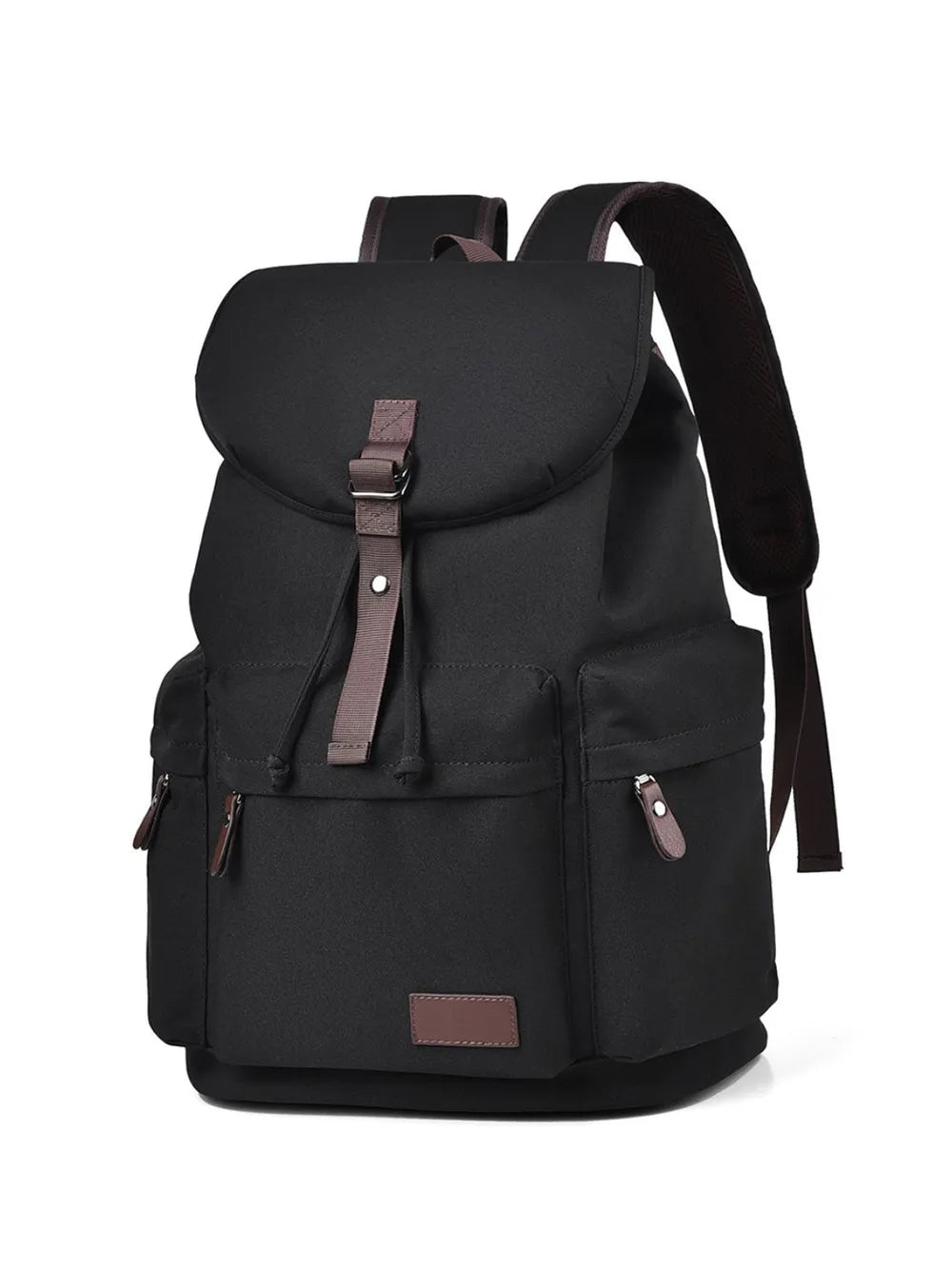 Black canvas backpack with front flap buckle and side zip pockets
