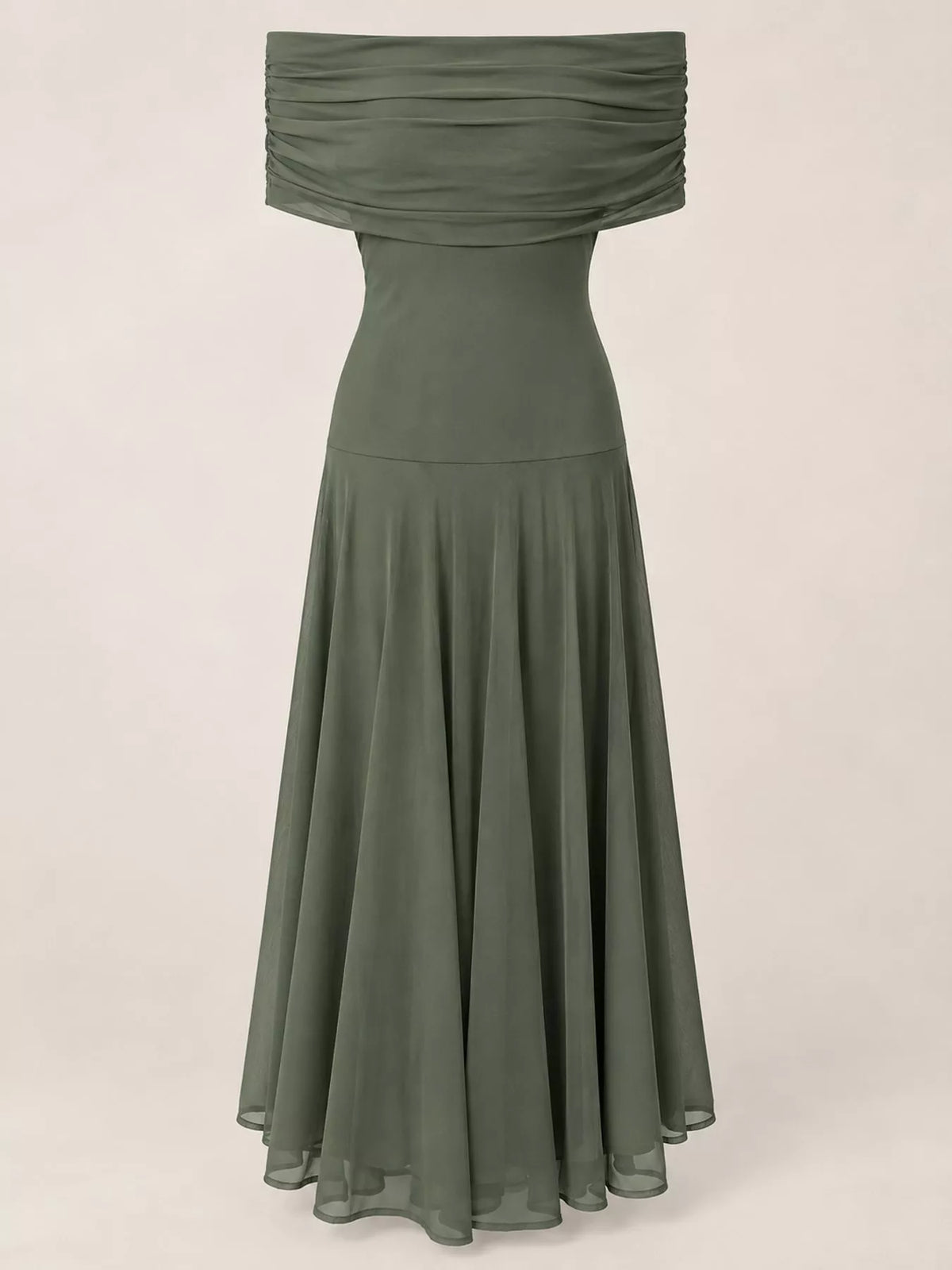 Army green off-shoulder ruched sheer mesh maxi dress with pleated full skirt