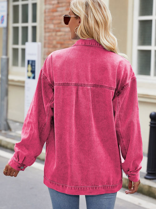 Hot pink denim button-up jacket, back view, with yoke seam and snap-front placket