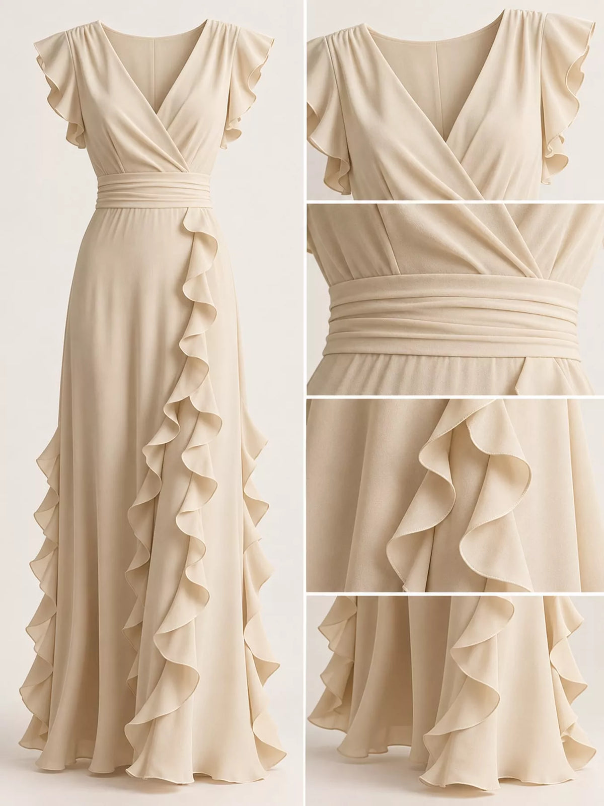 Sleeveless ruffled high-waist maxi dress in light apricot, close-up of V-neck and ruffle tiers