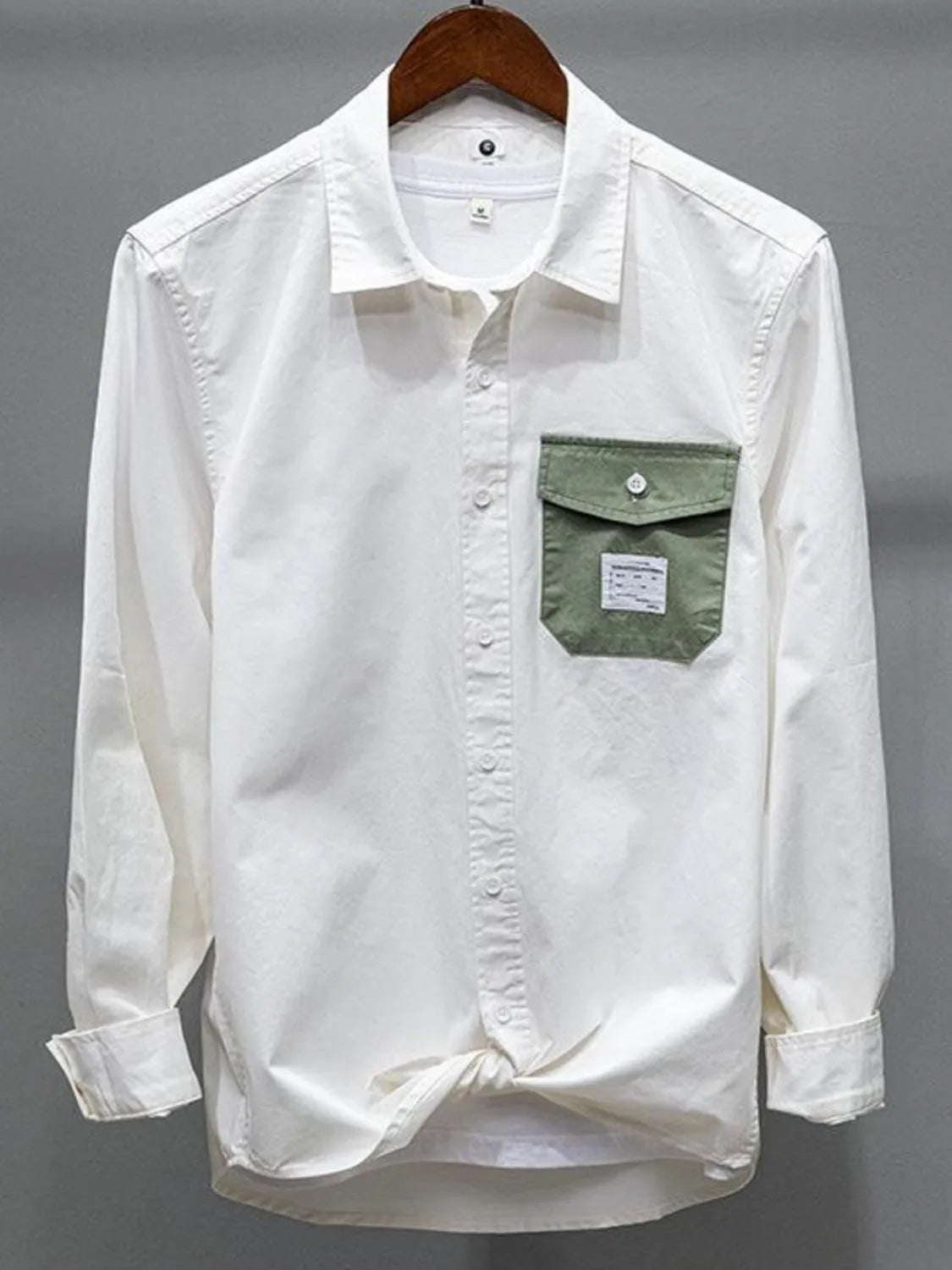 Men's plus size button-up long sleeve shirt, white with chest pocket and buttons