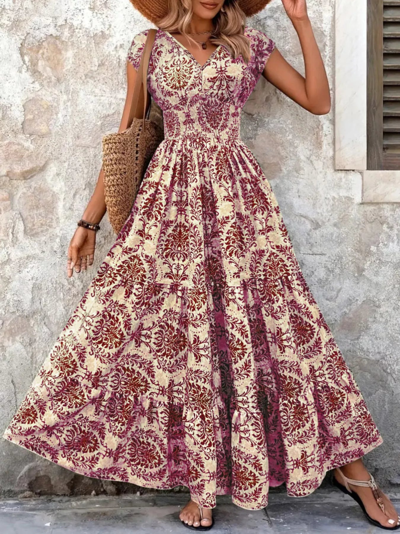 Burgundy printed V-neck tiered maxi dress with gathered waist and flared tiers