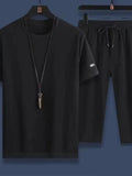 Black round-neck short-sleeve top and drawstring shorts set for men