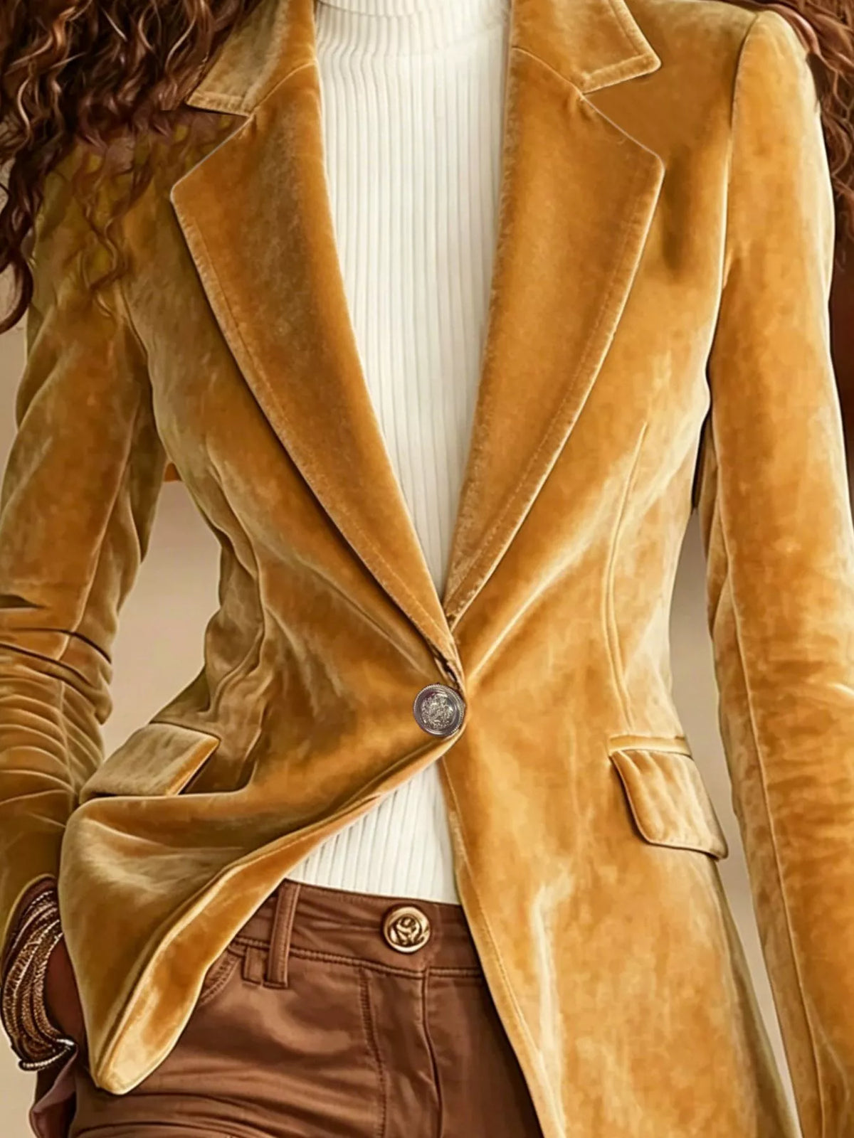 Gold velvet one-button long-sleeve blazer with notch lapels and flap pockets