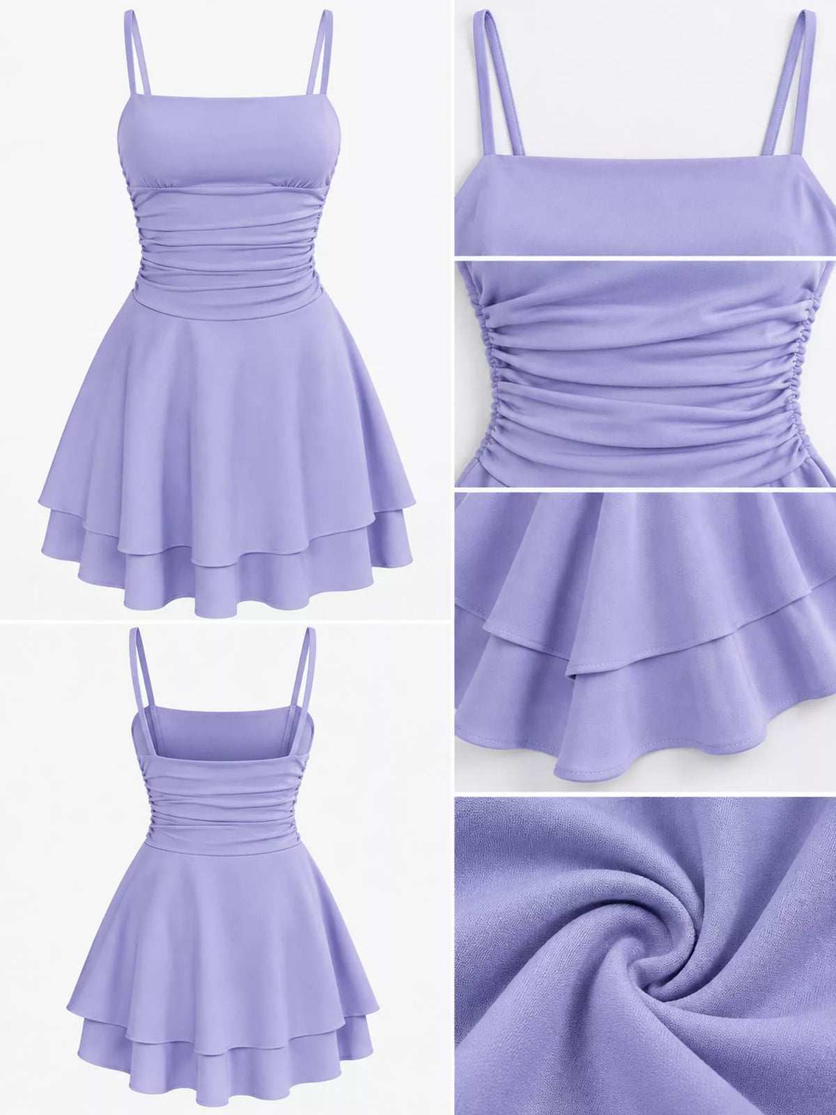 Backless ruched layered spaghetti-strap mini dress in lavender, front and side views