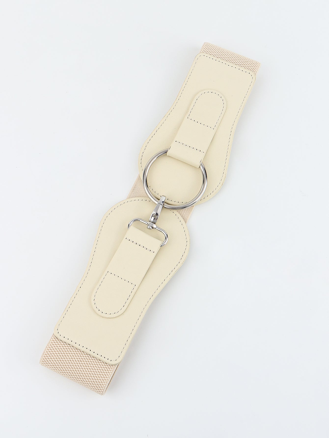Cream elastic wide belt with ring hardware and extended strap ends