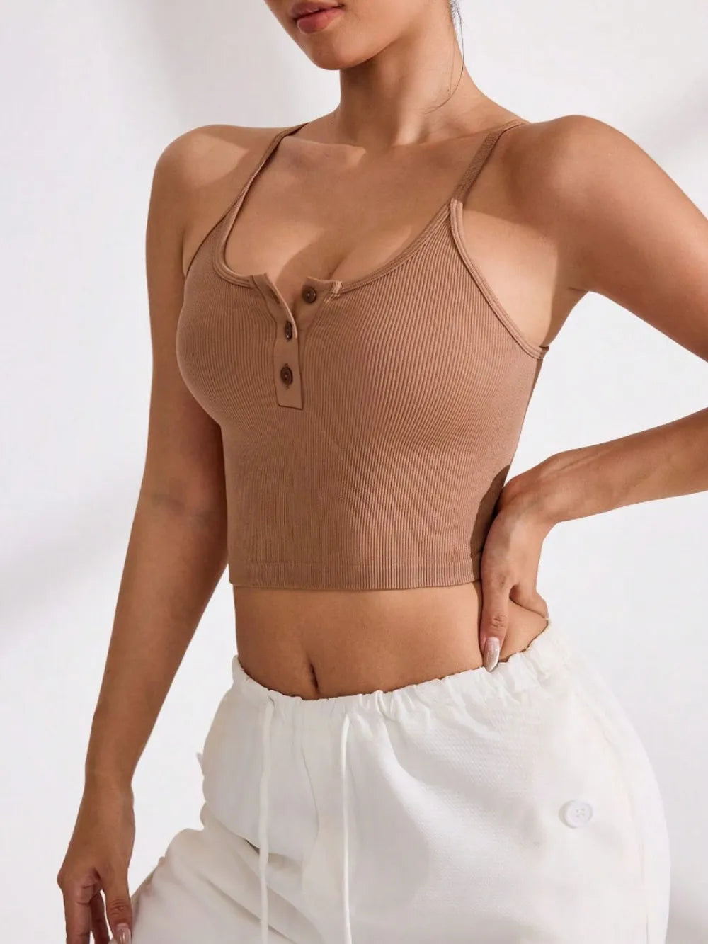 Caramel ribbed cropped cami with spaghetti straps and front half-button placket