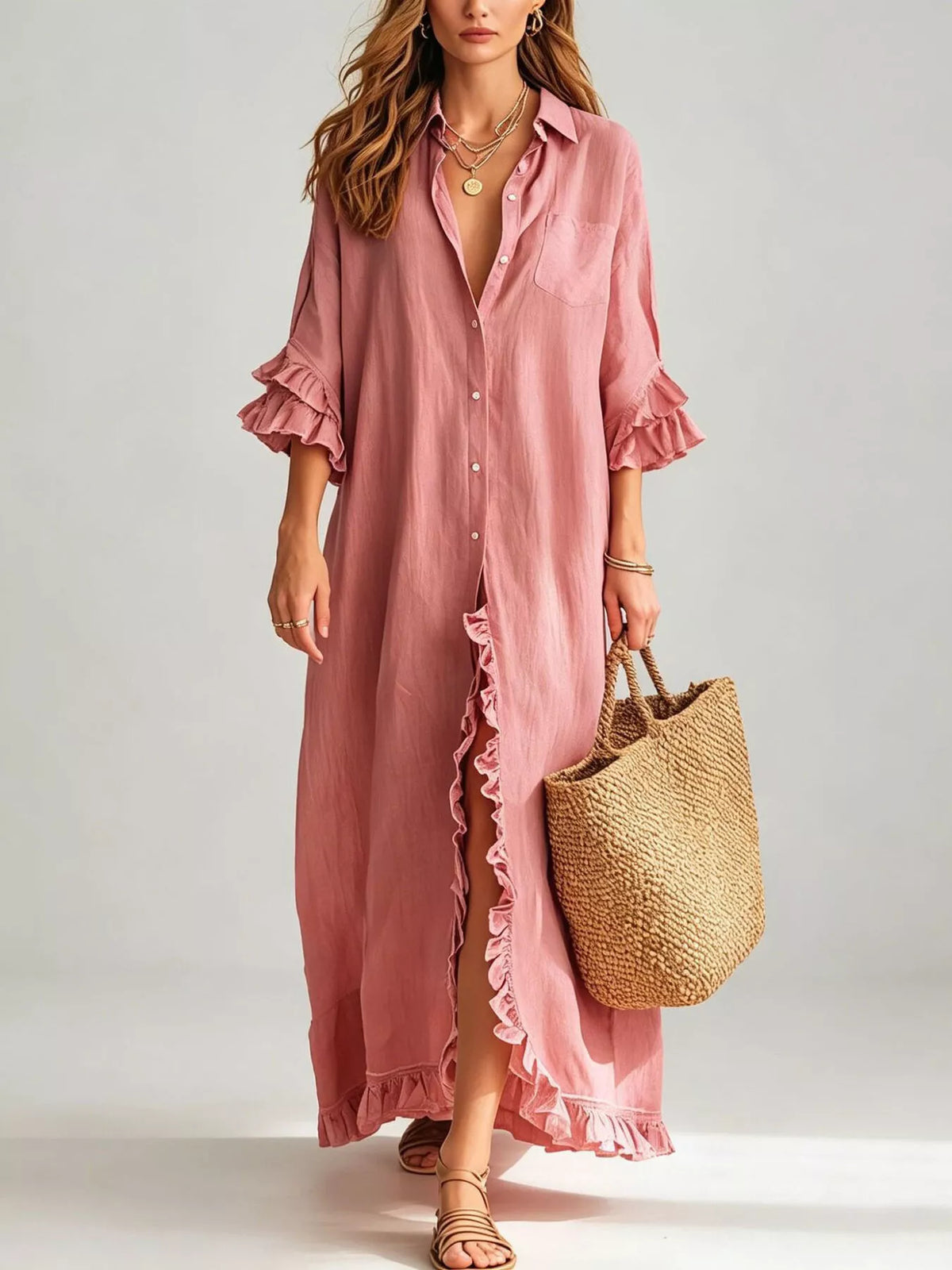 Pink ruffle-trim button-down maxi shirt dress with button front and cuffed sleeves