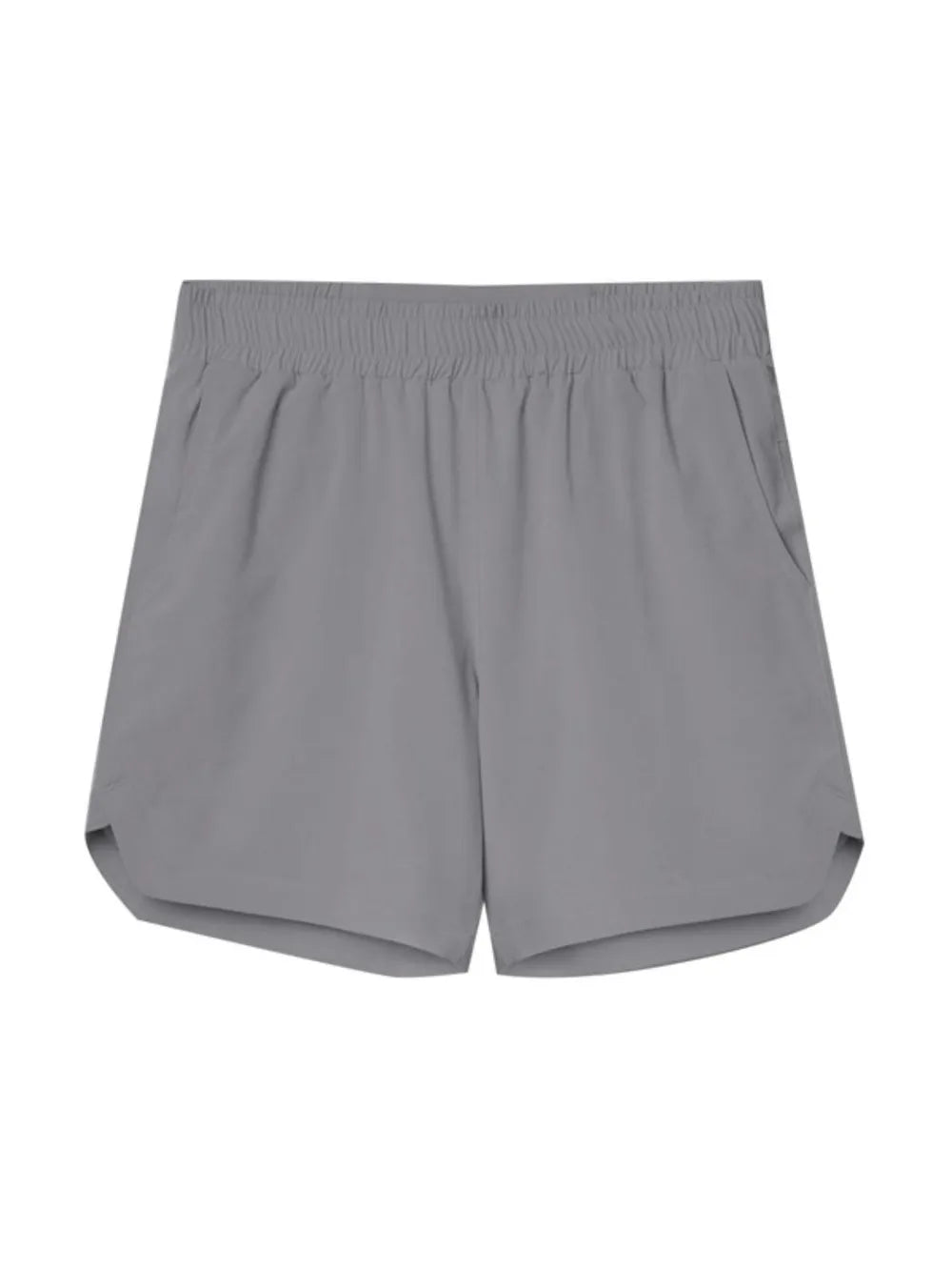 Men's elastic-waist active shorts in gray, front view with pleated elastic waistband.