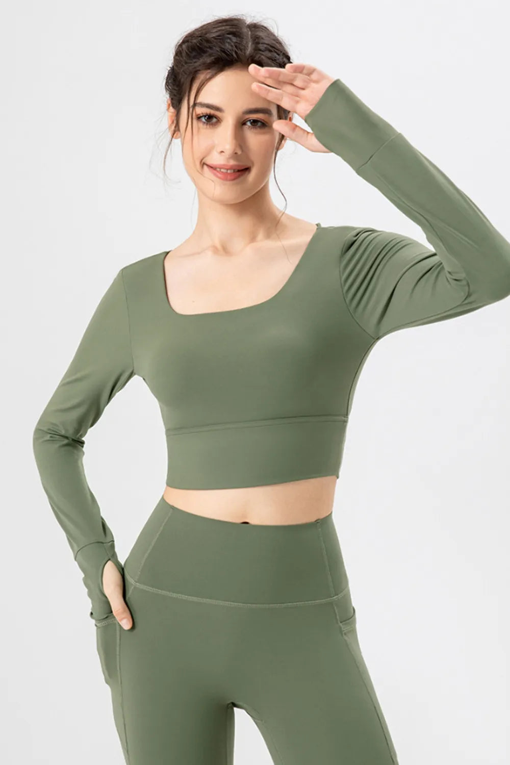 Matcha green long-sleeve active crop T-shirt with wide square neckline