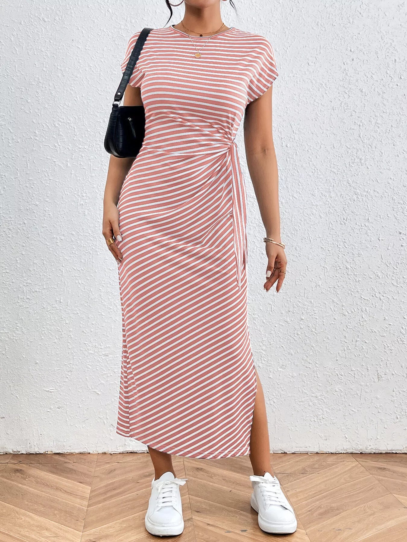 Coral-and-white striped tie-waist midi dress with cap sleeves and side slit