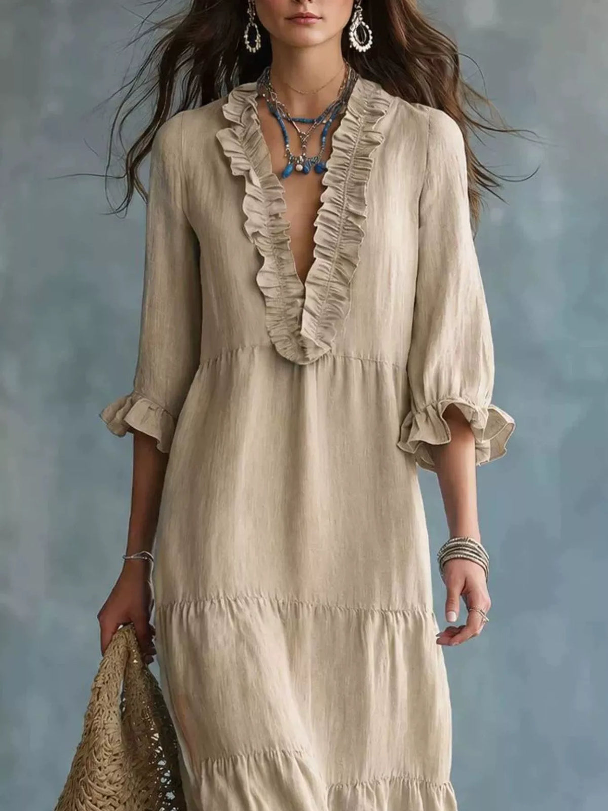 Khaki ruffled V-neck tiered maxi dress with ruffle-front neckline