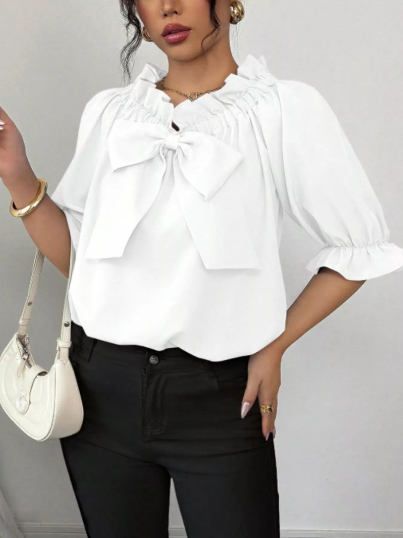 Bow Flounce Sleeve Blouse, white top with oversized bow, ruffled neckline and puff sleeves