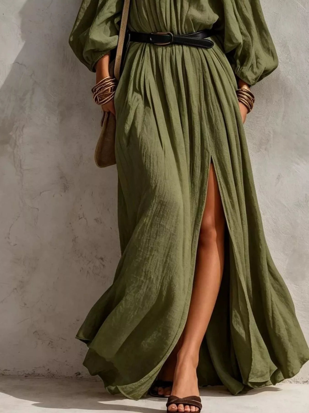 Moss off-shoulder maxi dress with waist belt and flowing skirt, side slit