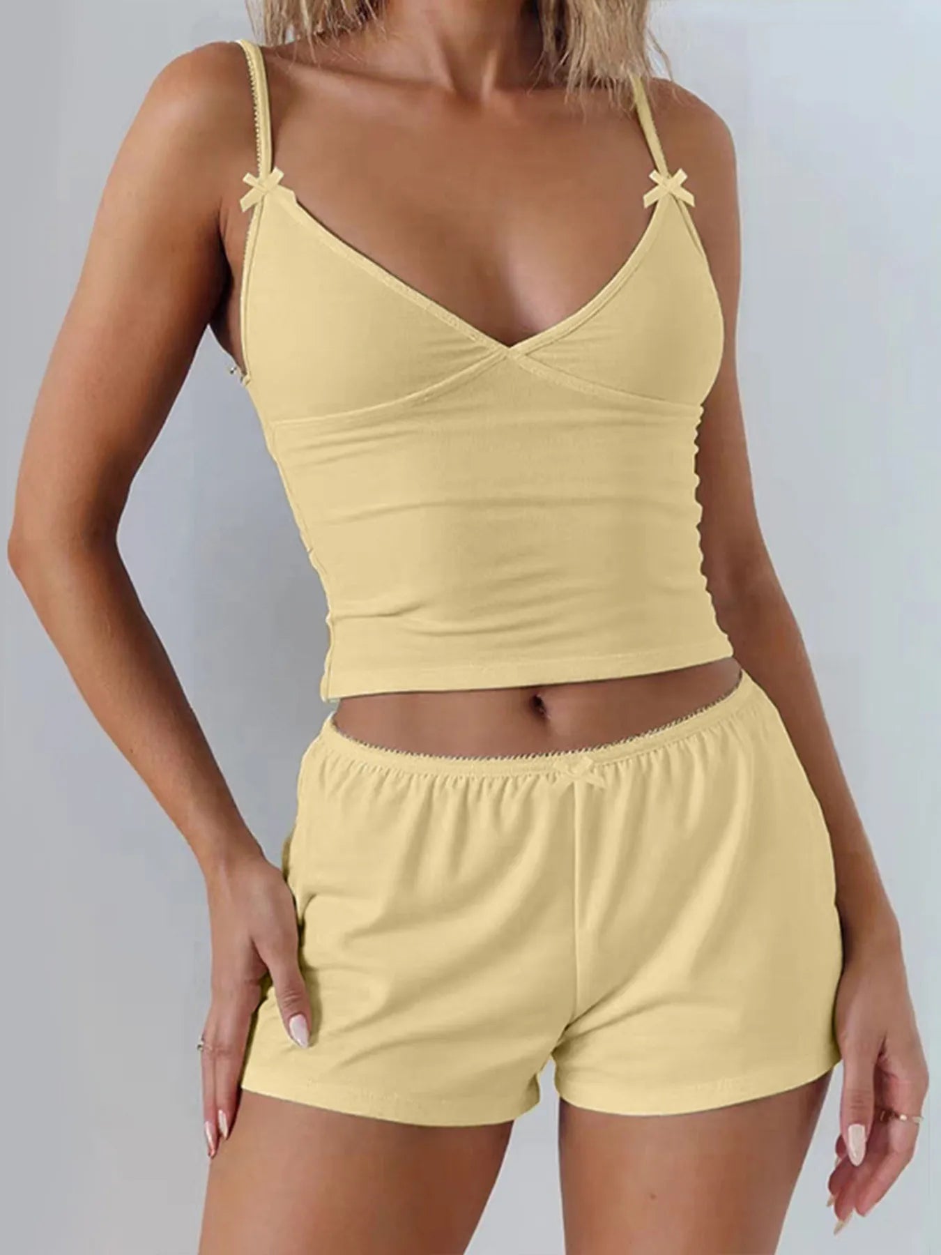 Yellow V-neck cami and matching shorts set with bow spaghetti straps