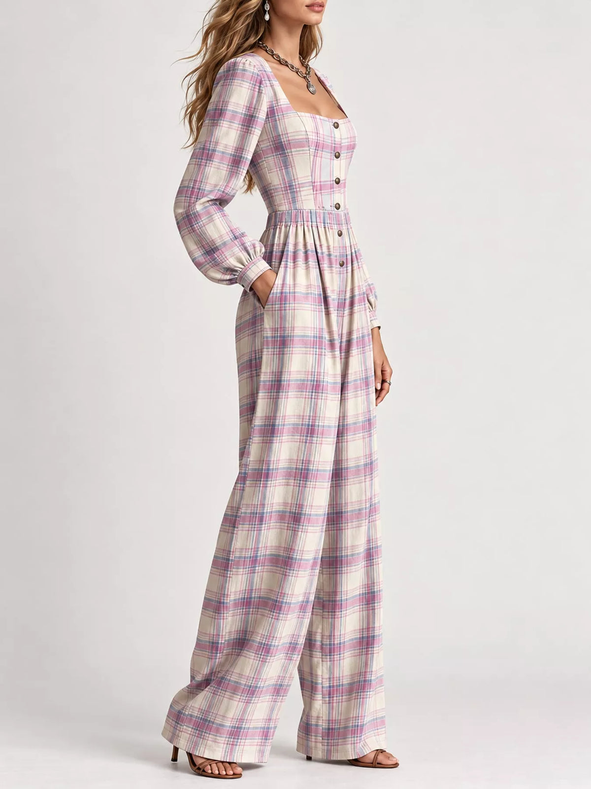 Plaid square-neck long-sleeve jumpsuit with button front and gathered waist