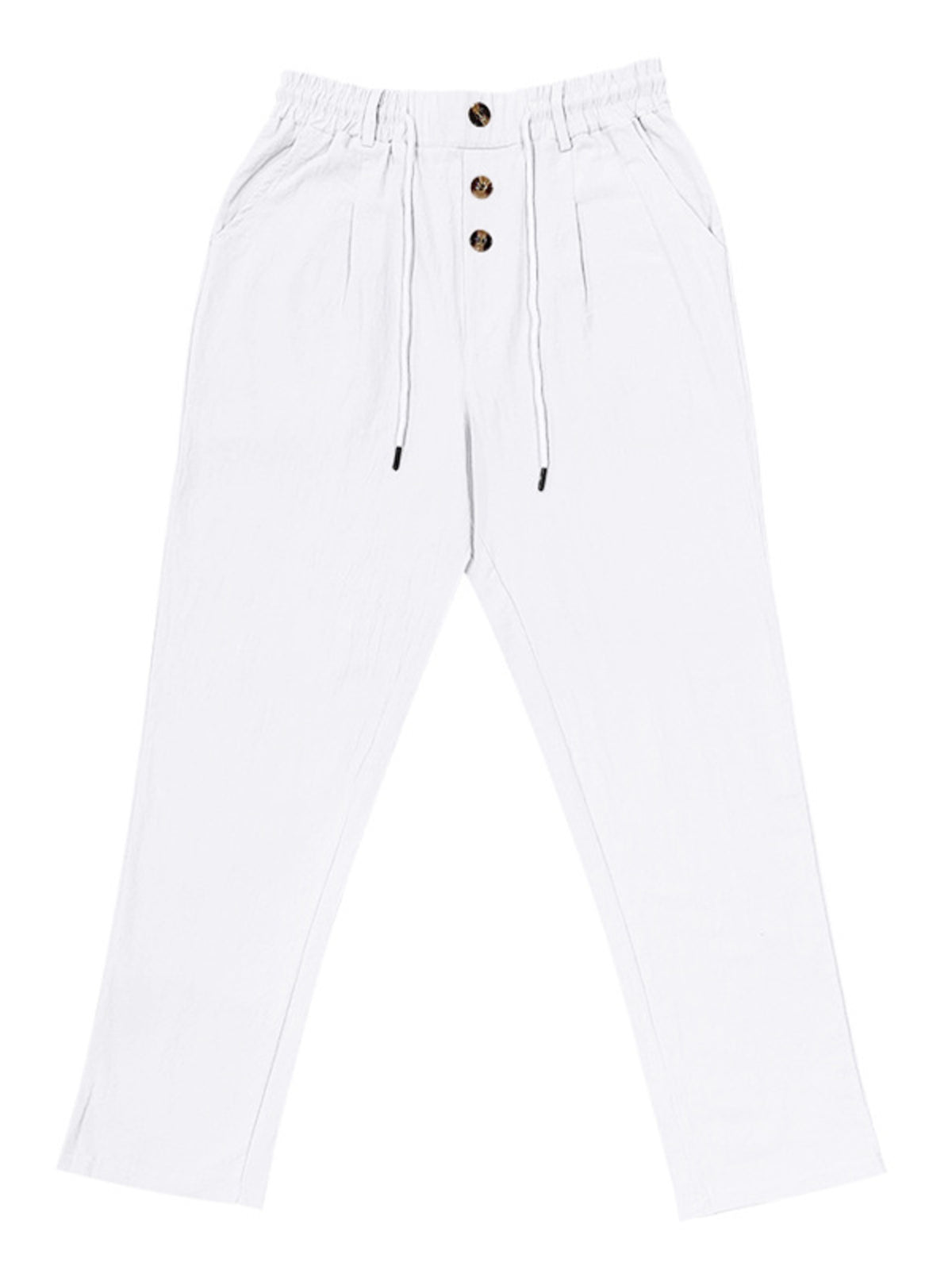 Men’s lightweight drawstring pants, white, front view with button placket and drawstring