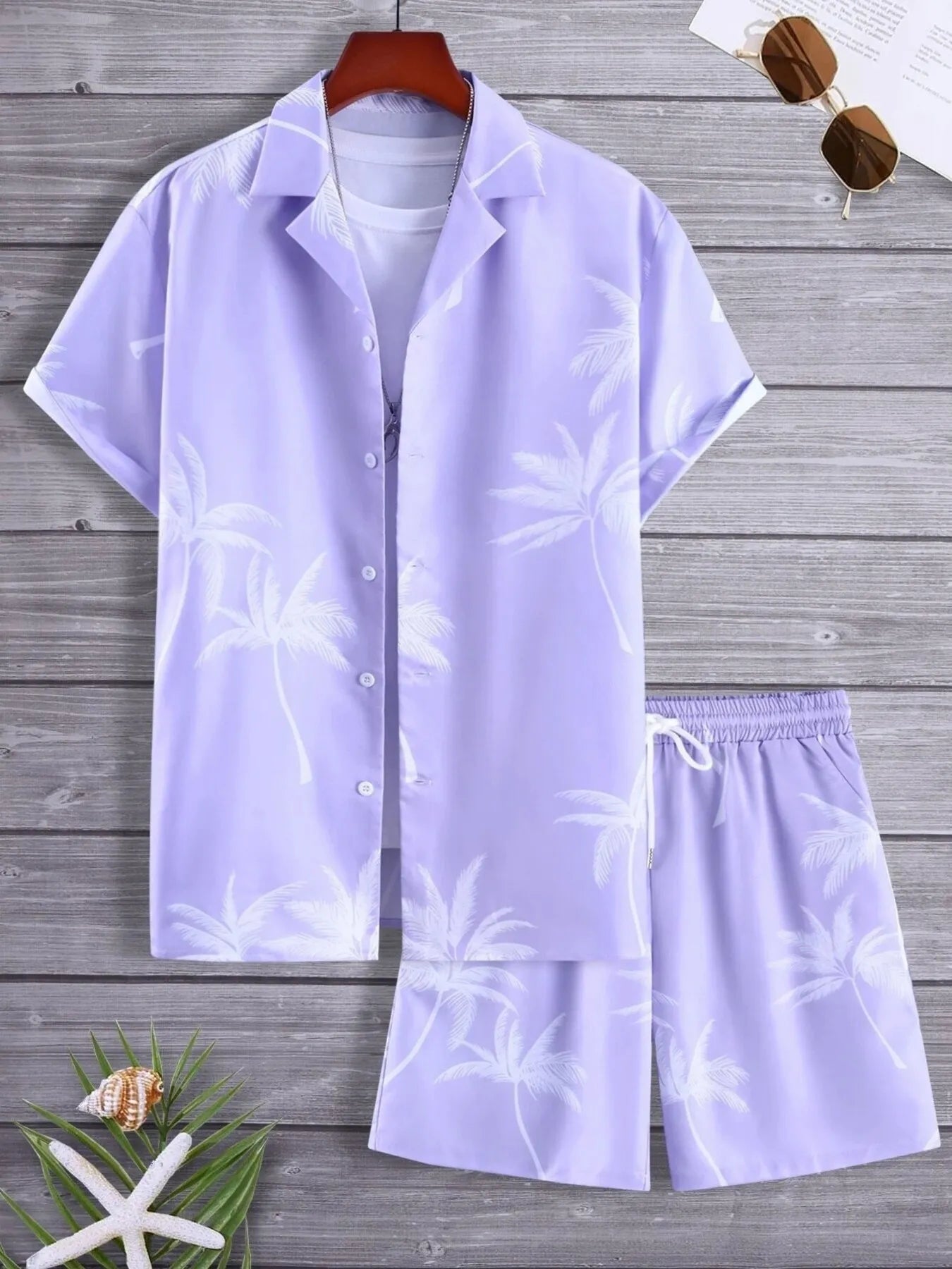 Men's palm print button-up shirt and shorts set, lavender with pale palm fronds.