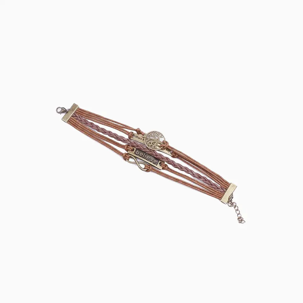 Brown vegan leather rope bracelet, multi-wrap with clasp and dangling chain