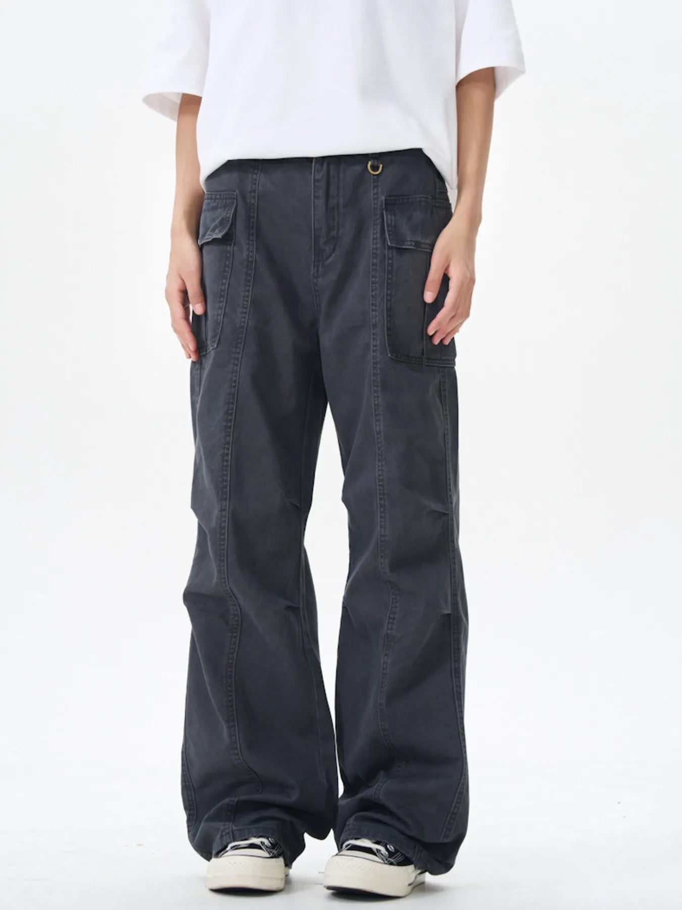 Wide leg cargo pants, dark gray with cargo flap pockets