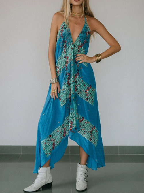 Halter maxi dress in teal blue with multicolor diamond print and flowing asym hem