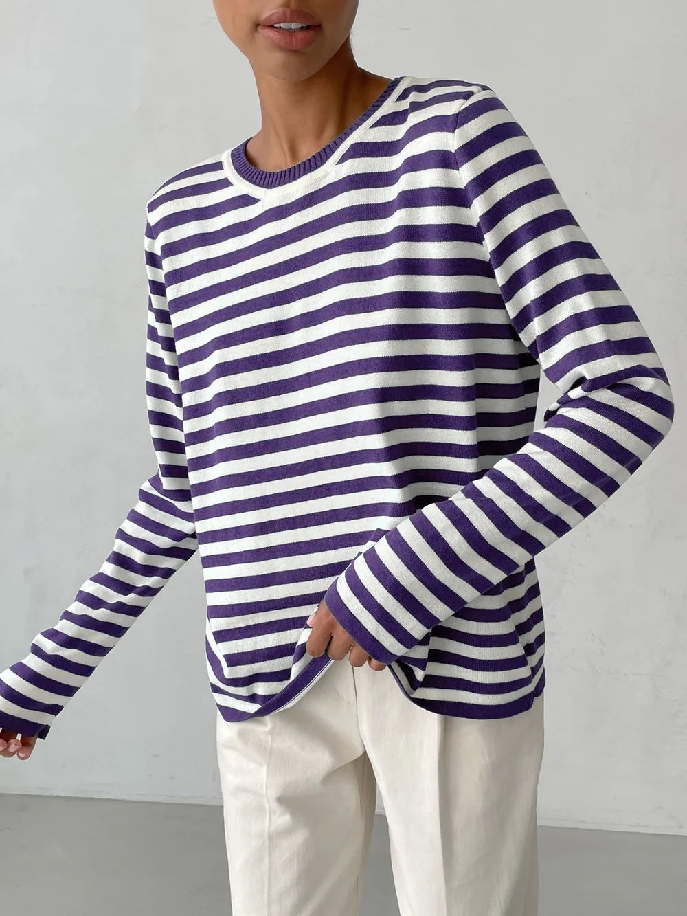 Striped round-neck long-sleeve sweater in purple and white, relaxed fit