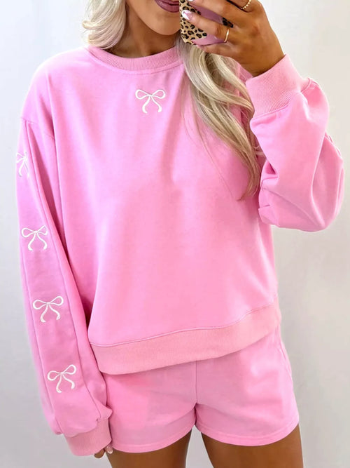 Pink bow-embroidered round-neck top and shorts set, long sleeves